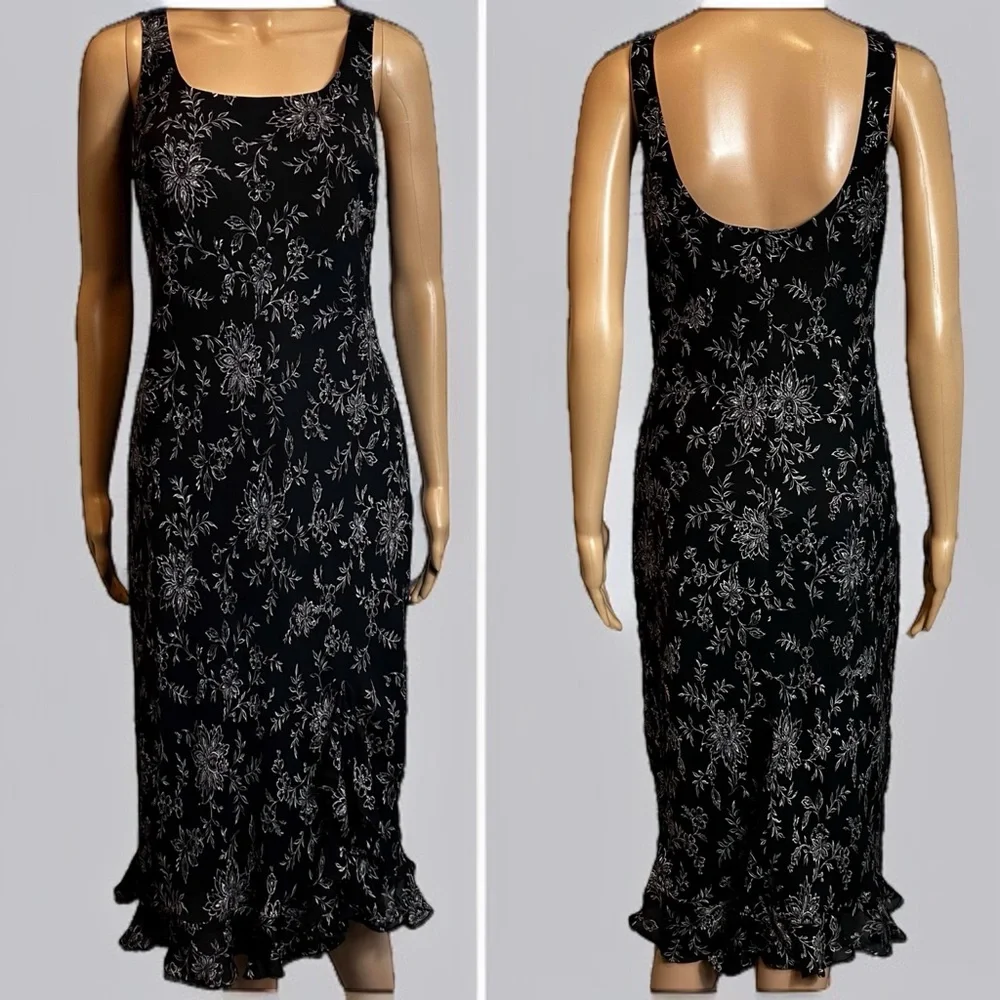 Vintage Ann Taylor Silk Floral Black Midi Dress - Picture 1 of 11